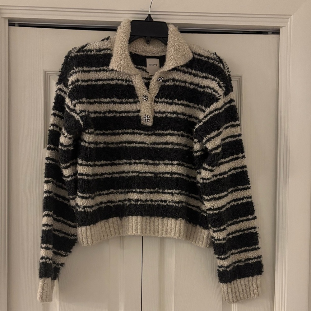 MAEVE ANTHROPOLOGIE Striped Polo Sweater in Black and White with Buttons - Picture 2 of 10